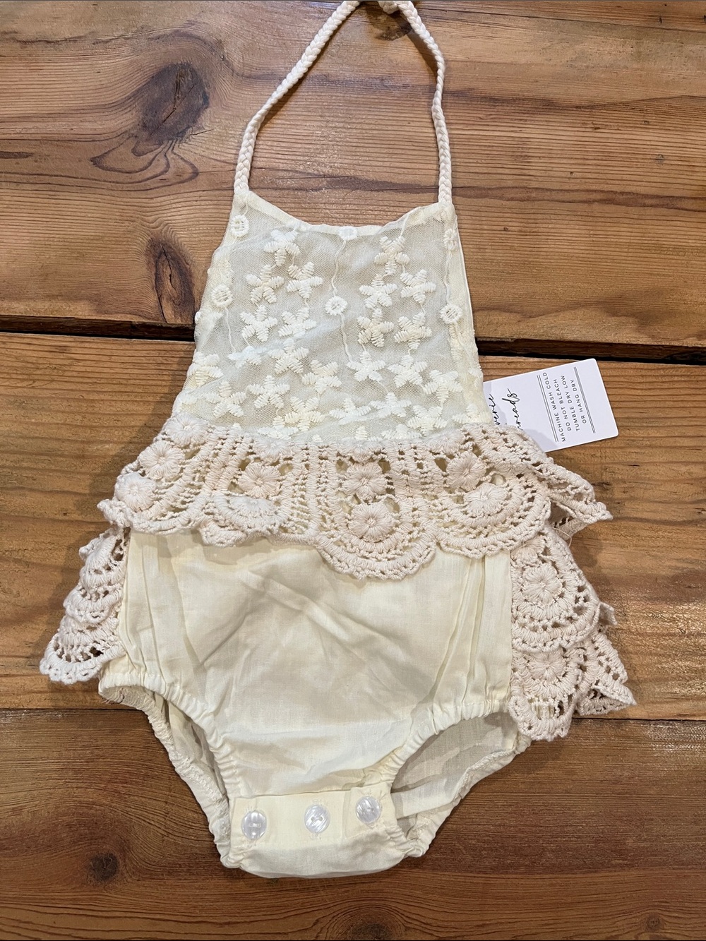 New! REVERIE THREADS 3-6M Crochet Bohemian Boho Romper Pinafore Bubble